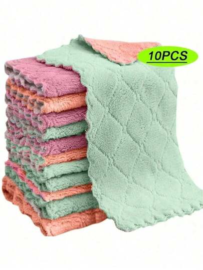 10pcs Random Color Super Absorbent Microfiber Kitchen Dish Cloth High-Efficiency Tableware Household Cleaning Towel,Kitchen,Bathroom,Home,Household Suppliers