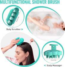 THE Silicone Body Scrubber Set, Bath Shower Body Brush And Shampoo Brush Scalp Massager Exfoliator With Intensive Bristles And Comfort Handle, Cleanse Skin & Hair,Easy To Clean And Long-Lasting.Green - 黑色 - 查看 12