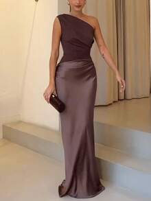 Vestido de satén de unicolor con escote en V, espalda descubierta, recorte de volantes asimétrico/asimétrico, elegante para fiesta, boda/playa, nuevo 2025