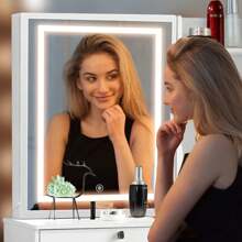 Specchio da trucco a LED in legno massello di lusso scandinavo bianco-crema in stile INS | Postazione di lavoro monoblocco + ampio cassetto portaoggetti | Area trucco da principessa femminile | Nel magazzino | Consegna veloce