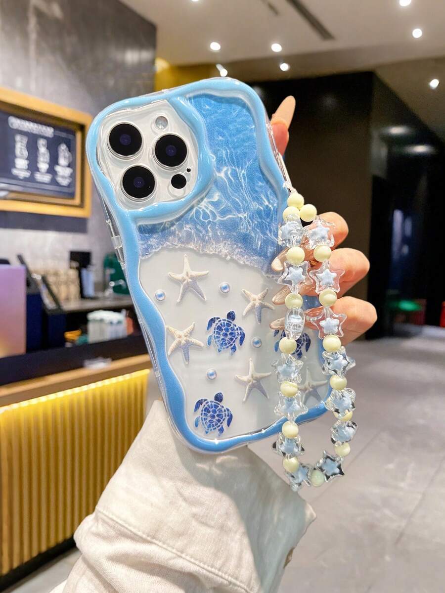 海洋元素沙滩海龟奶油纹理透明彩色印花防震加厚手机壳，兼容 16/ 16 Pro/ 16 Pro Max/ 16 Plus/ 15 XR/ 7/ 8 15 Pro Max/ 12 Pro Max - 彩色 - 查看 1