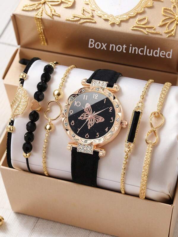 6pcs/Set Women's Leather Belt Fashion Diamond Petal Digital Dial Quartz Watch + Bracelet Set, Mother's Day Gift, Birthday Gift