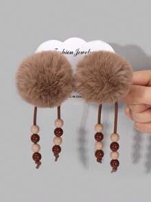 2 件棕色 Pom Pom 女童发夹可爱 Pom Pom 流苏鳄鱼夹幼儿女孩发夹带串珠流苏日常派对装扮发夹儿童发饰