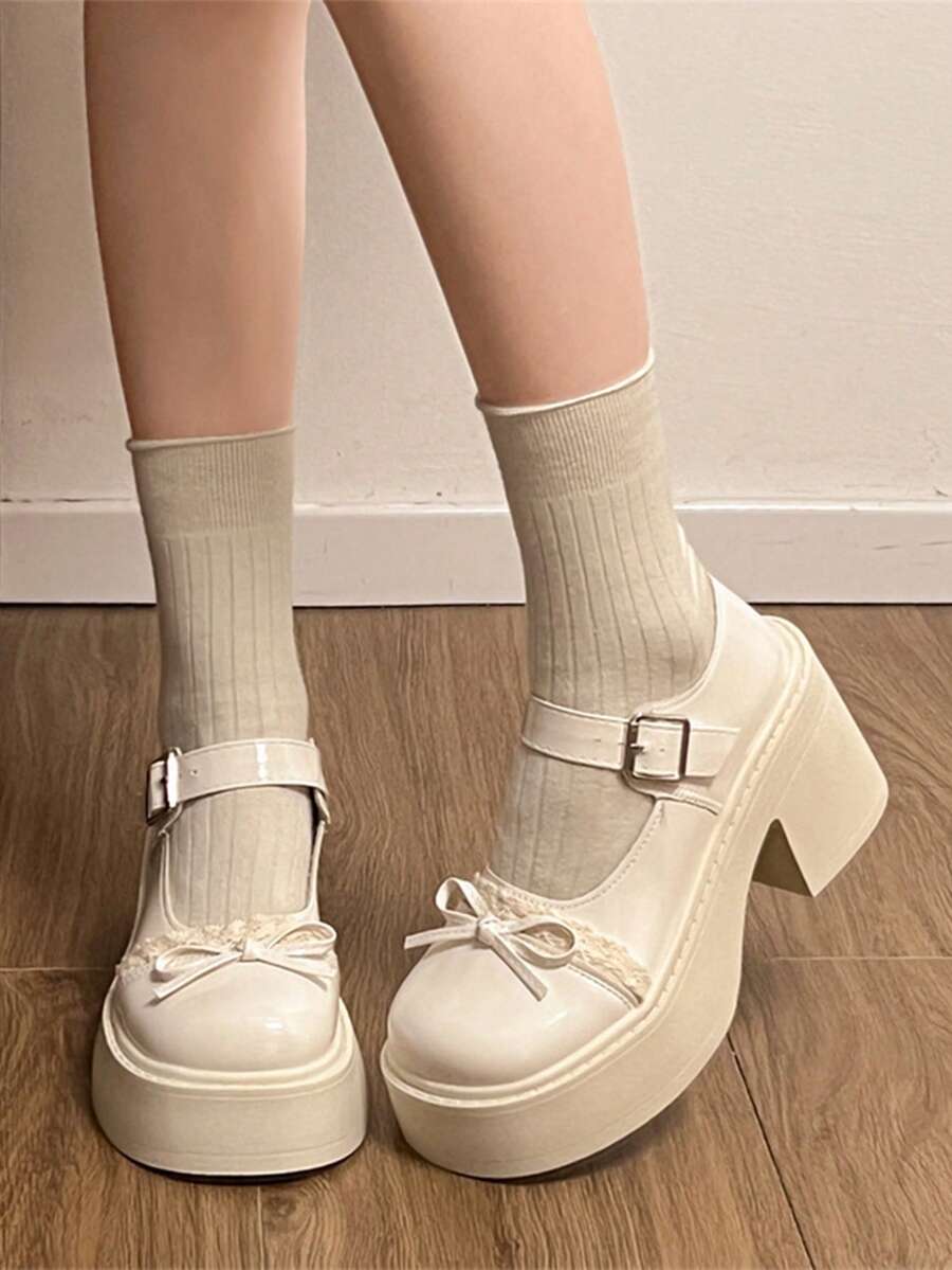 女士坡跟玛丽珍鞋，复古时尚系带蝴蝶结休闲厚底高跟鞋