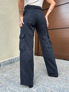 Wide Leg Cargo Jeans Cute Pocket Pants Women's Street Fashion Premium Cotton Fabric NEW Elegant Casual Wide Leg Jeans - 深灰色 - 查看 3