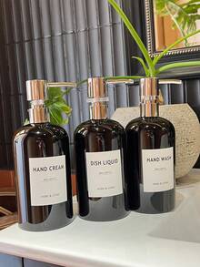 Set de 3 botellas de plástico reutilizables de 500ml/16oz con etiquetas impermeables, aptas para champú, acondicionador, gel de baño - Uso doméstico, hotelero y de salón - Estilo asiático de vuelta al colegio - Negro sólido - Ver 3