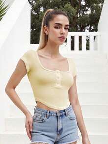 Women's Button Up Crop Top Ribbed Scoop Neck Cap Sleeve Shirt Slim Fit Summer Blouse For Casual Streetwear - 黃色 - 查看 10
