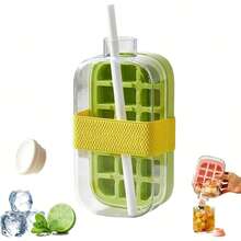 1 Bottiglia con cubetti di ghiaccio, 2 in 1 Bottiglia d'acqua con vassoio per cubetti di ghiaccio e coperchio senza contatto, vassoio per bastoncini di ghiaccio, facile rimozione del ghiaccio per freezer, a tenuta stagna, per caffè e succhi