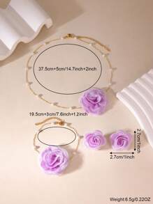 MESTILO 4pcs/Set Elegant 18K Stainless Steel Fabric Rose Necklace, Bracelet, Earrings Jewelry Set For Women, Daily Wear & Dating (Pearl Quantity Random)