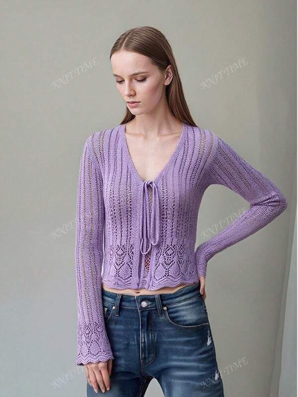 Women Solid Color Knotted Lace Patchwork Tie Up Long Sleeve Cardigan And Camisole Knit Top