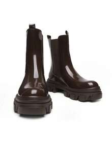 Women's Fashion Waterproof Chelsea Boots Comfy Mid Calf Platform Chunky Boots Slip On Winter Riding Ankle Booties - Brown - View 6