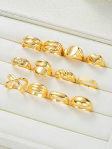 12pcs Chunky Heart Textured Wavy Criss-Cross Minimalist Plain Ring Set With Crystal Rhinestone, Metallic Chunky Oversized Rings Collection, Fashionable Elegant Vintage Design For Holiday Party, Gift, Daily Wear