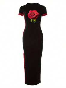 女士时尚玫瑰印花侧开衩修身休闲连衣裙