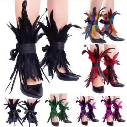 1双2件装仿羽毛脚踝套，女士羽毛腿套，时尚朋克哥特风配饰，鞋靴羽毛腿套，游戏派对人造羽毛