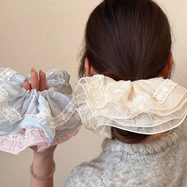 1pc Elegant Cute Polka Dot & Flower Print Polyester Lace Frilled Hair Scrunchies, High-End Ballerina Style Hair Accessories For Daily Wear, Travel, Photography, Hair Ties, Scrunchy Hair Ties