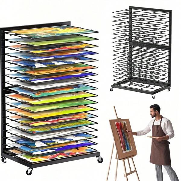 Art Painting Drying Rack For Painting, 18 Removable Shelves, Mobile Art Studio Display Rack, Sturdy Metal With Wheels