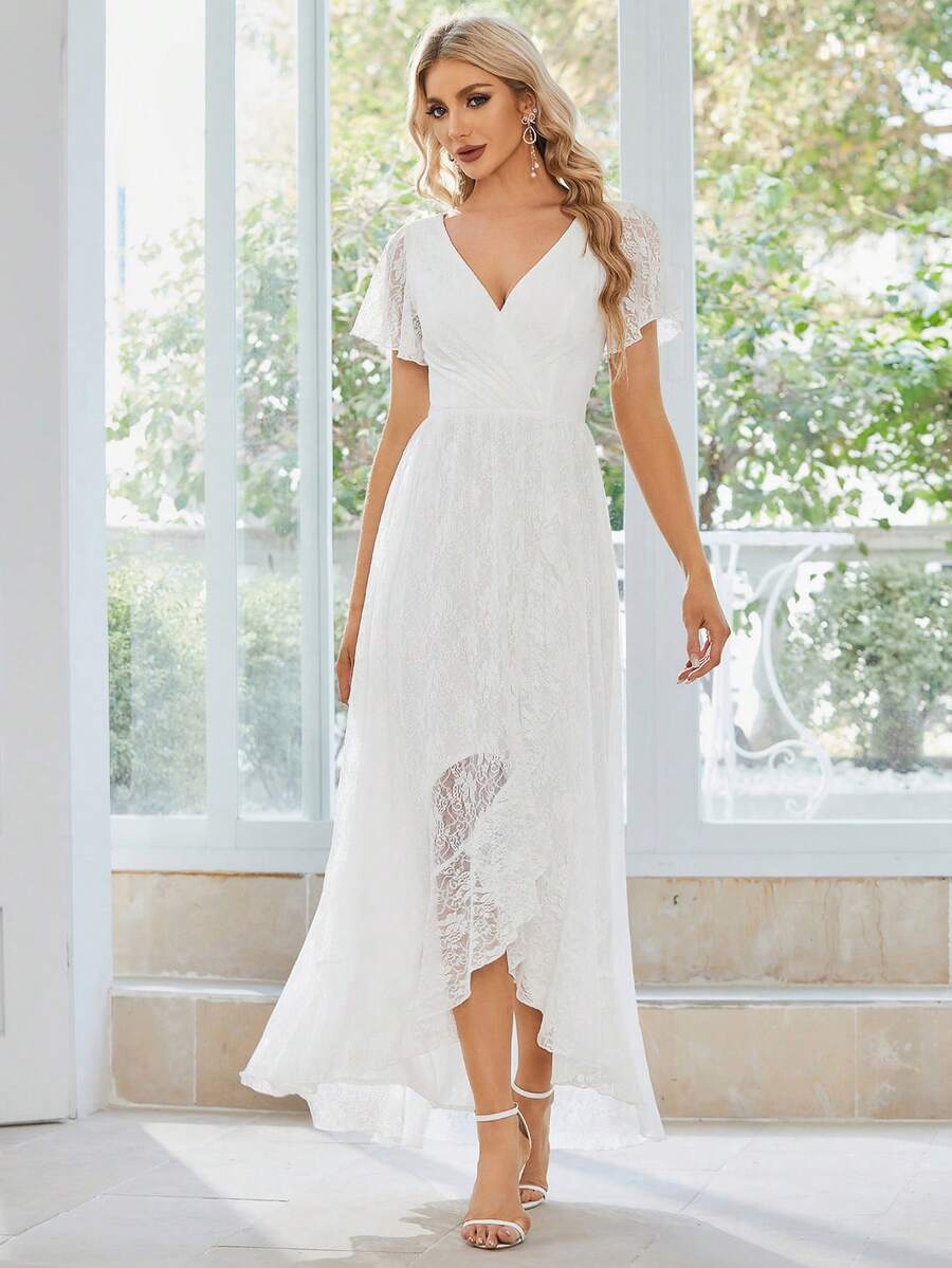 Đầm hè màu trắng tay ngắn cổ chữ V bằng ren kiểu vintage lãng mạn, vạt bất đối xứng, thích hợp cho cô dâu và làm quà tặng. - trắng - Xem 1