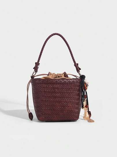 Woven Basket PU Leather One Shoulder Tote, Retro Bucket Bag