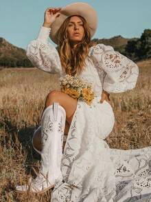 Embroidered Western Boots Chunky Heel Pointed Toe Glitter Shiny Country Style Slip-On Knee-High Boots Cowbgirl Boots For Women - 白色 - 查看 10