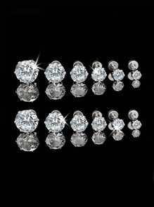 Conjunto de 6 pares de brincos de tarraxa de aço inoxidável com zircônia de 3 a 8 mm, versáteis e modernos, com parte traseira plana, adequados para mulheres e homens, estilo minimalista e elegante, presente delicado