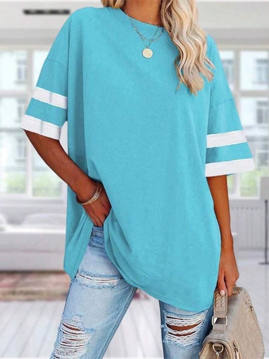 Womens Oversized Tees Loose T Shirts Half Sleeve Crew Neck Color Block Cotton Tunic Tops - 天藍色 - 查看 1