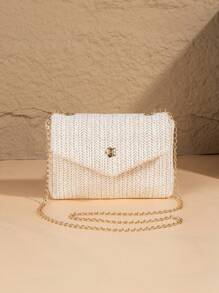 Women's Casual Woven Shoulder Bag, No Print Design, Magnetic Closure, Lightweight, Polyester Lining, Metal Chain Strap, Suitable For Daily Commute And Beach Holiday