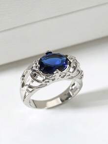 1 件定制奢华蓝色方晶锆石镶嵌铜戒指，适合男士佩戴，时尚正式珠宝，适合求婚、订婚、商务场合、父亲节、周年纪念礼物 - 藍色 - 查看 3