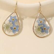 A Pair Of Real Flower Drop Glue Forget Me Not Water Drop Earrings, Suitable For Women's Daily Wear