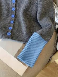 Casual Colorblock Embroidery Knitted Cardigan