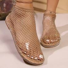 Sandali con strass decorativi in rete da donna, sandali estivi con suola piatta glitterata in stile vacanze, colore oro - Dorato - Visualizzare 4
