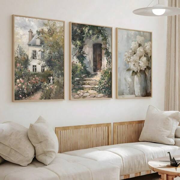 Set Of 3 Vintage Cottage Rose Garden Hydrangeas Oil Painting Print, Rustic Flower Wall Art, Botanical Canvas Poster, Neutral Spring Wall Decor, Ideal Gift For Living Room, Bedroom, Office, Dorm, Cafe, Bar, Hallway, Home And Room Decoration, Unframed