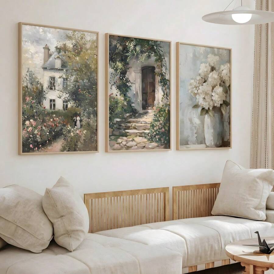Juego de 3 impresiones de pintura al óleo con diseño de vintage de rosas de jardín y hortensias, arte de pared rústico floral, póster de lienzo botánico, decoración de pared primaveral neutra, regalo ideal para sala de estar, dormitorio, oficina, dormitorio, cafetería, bar, pasillo, decoración del hogar y de la habitación, sin marco