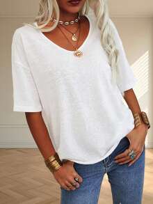 Women Loose V-Neck T-Shirt Half Sleeve Casual Loose Solid Color Basic Top For Casual Daily/ Travel/ Home/ Vacation/ Shopping/ Street/ Party/ Outdoor/ Club Christmas Gift & New Year Gift - trắng - Xem 3