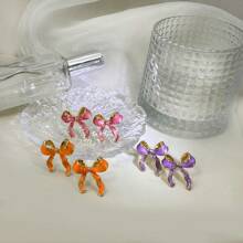 3 pares de brincos coloridos e fofos de esmalte com laço de fita, acessórios de moda para mulheres, adequados para feriados, férias e uso casual
