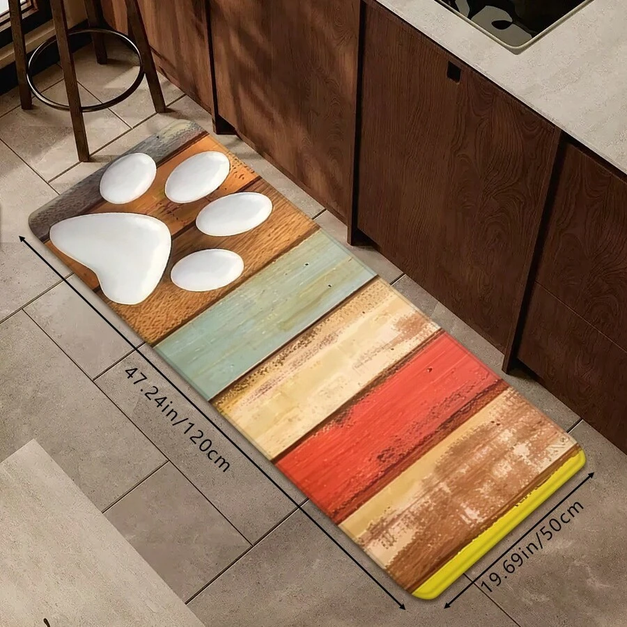 1 pieza Felpudo vintage de madera de colores y estampado de huella de pata blanca para cocina, alfombrilla de baño suave y absorbente antideslizante, alfombra decorativa de entrada para vacaciones, alfombra decorativa rectangular de pelo bajo para sala de estar, dormitorio, cocina, entrada