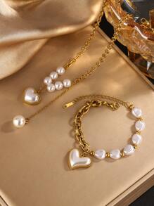 1 Set Romantic Heart Shaped Pendant & Beaded Stainless Steel Jewelry Set, Suitable For Women's Fashion Wear Or Gifting Loved Ones For Holidays