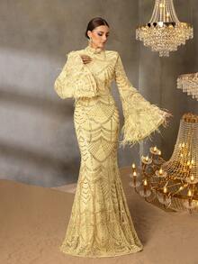 Elisanya Luxury Beaded Bodycon Mermaid Hem Maxi Dress Gown With Stand Collar & Flare Sleeves - Elegant Golden Sequin Dress For Formal Events & Red Carpet & Gala Nights - Gold - View 4