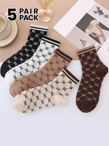 5 Pairs Women's Striped Letter Pattern Socks, Multi-Color, Elegant Retro Style Fashionable Versatile Sports Socks, Spring/Summer