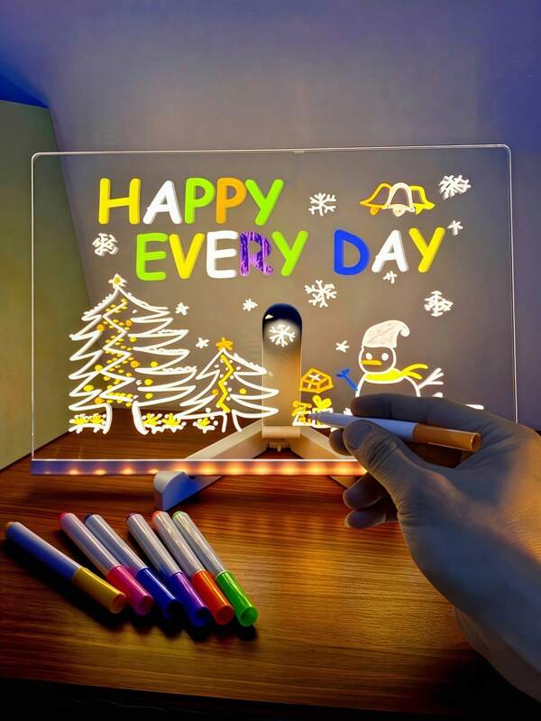 1 pièce Tableau de dessin lumineux effaçable en acrylique de Noël, bloc-notes lumineux effaçable à LED, tableau de messages, mémo, bloc-notes lumineux à LED alimenté par USB, tableau à graffitis réutilisable avec support, chiffon de nettoyage, stylos de couleur, convient pour la décoration de la chambre et du bureau, peinture et décoration d'ornements pour bureau d'ordinateur, cadeaux de fête, de fête et d'anniversaire