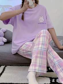 Teenager Girls Short Sleeve Top And Pants Set, Cartoon Rabbit Print Crew Neck Summer Outfit