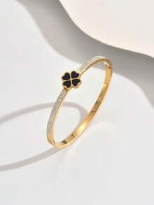 1pc Stainless Steel Four Leaf Clover Bracelet, Minimalist And Fashion, Suitable For Various Occasions - Yellow Gold - View 13