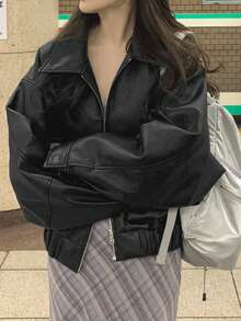 Vintage Stylish Loose Lapel Zip-Up Casual Jacket, Spring Women - Black - View 1