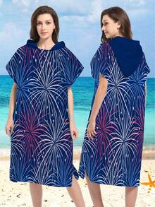 1pc Purple Firework Print Hooded Cape Wearable Robe - Soft Microfiber Firework Pattern Suitable For Boys, Girls, Couples - Beach & Home Decor, Couples Shawl | Microfiber Bathrobe Back To School - Multicolor - View 7