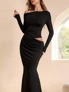 WOWDARK 女士冬季连衣裙，黑色时尚斜肩镂空褶皱极简主义派对连衣裙，适合情人节、约会、聚会、派对、旅行、度假、海滩等场合。