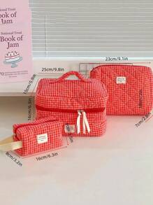 1 pieza Bolsa de maquillaje de estilo reticulado, juego de bolsos de estilo coreano acolchado en color rosa rojo, estilo Ins, elementos esenciales de vacaciones para niñas, bolsa con cremallera de gran capacidad, cartera, bolsa para tampones, bolsa de belleza con estampado de mariposa, accesorios esenciales de primavera para damas, bolsa de almacenamiento de uso diario para viajes, regalo para boda, dama de honor, Navidad, Día de la Madre, Día de la Enfermera, Día del Maestro