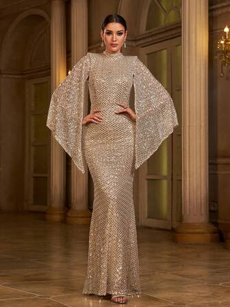 Missord Sequin Split Sleeve Mermaid Hem Bodycon Dress Elegant Long Sleeve Formal Evening Prom Wedding Guest Gown, For Graduation, Dinner Party Dress