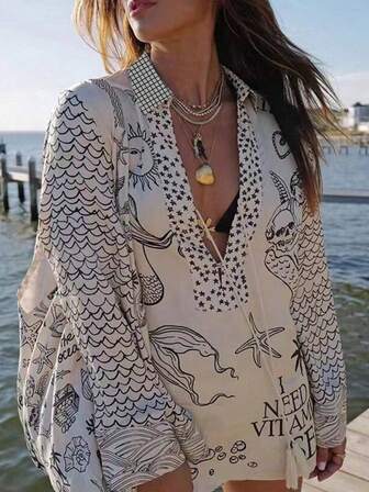 女士独特的太阳脸印花流苏领带长袖防晒罩衫，适合春夏海滩度假 图形印花纽扣休闲衬衫，适合春夏海滩、休闲外出、度假 宽松防晒衬衫，适合春夏海滩、休闲外出、度假