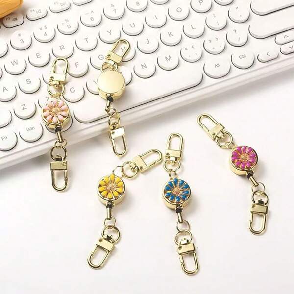1pc Metal Crystal Flower Retractable Key Chain, Multi-Functional ID Card Holder & Keychain, Durable Anti-Lost Design, Fashion Keyring Car Accessories Bag Charm Backpack For School