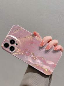 1pc Creative Marble Patterned Gold Plating Perforated Glossy Plastic Hard Phone Case Cover Compatible With Iphone 11/12/13/14/15/16 Pro Max Waterproof Shockproof Anti-Fall Scratch Resistant - Multicolor - View 3