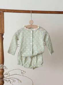 2pcs/Set Baby Girl Casual Hollow Out Long Sleeve Cardigan And Triangle Shorts Set, Summer - Mint Green - View 6